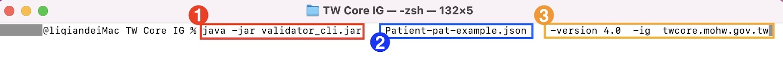 java -jar validator_cli.jar Patient-pat-example.json -version 4.0 -ig tw.gov.mohw.twcore