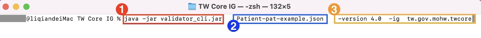 java -jar validator_cli.jar Patient-pat-example.json -version 4.0 -ig tw.gov.mohw.twcore